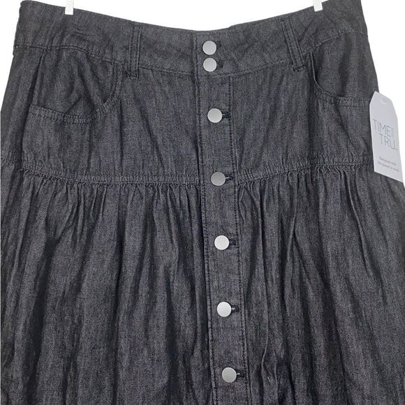 Time and Tru Wms Sz 10 Washed Black Tencel Tiered Relaxed Fit Denim Midi Skirt - Picture 4 of 5
